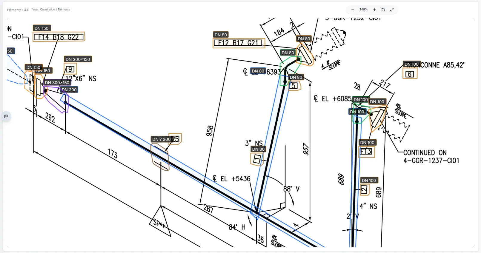 Piping components detected and matched to BOM data